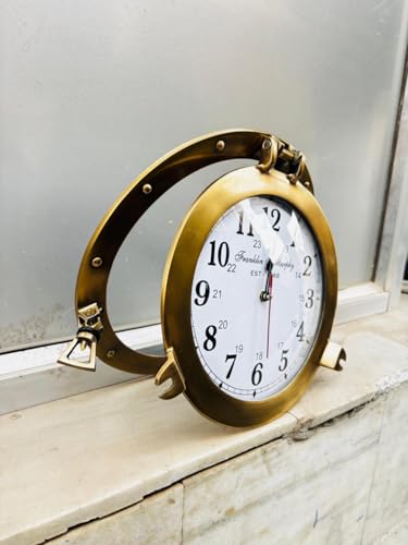 Franklin Murphy's Analog Beautiful Nautical Porthole Wall Clock, Antique Brass Finish, 12" Aluminum with Glass Face, Maritime Decor, Battery Operated Home Decor