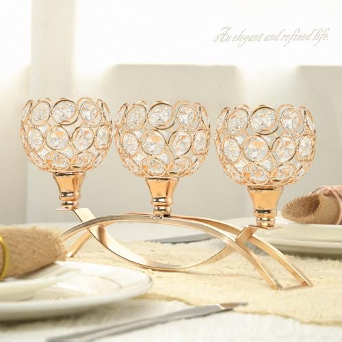 Crystal Tealight Candle Holder Centerpiece Home Decorative Candlestick Holder Elegant Table Centerpiece Home Decor Wedding Party Anniversary (Gold, 3 Arm of 4 Pcs)