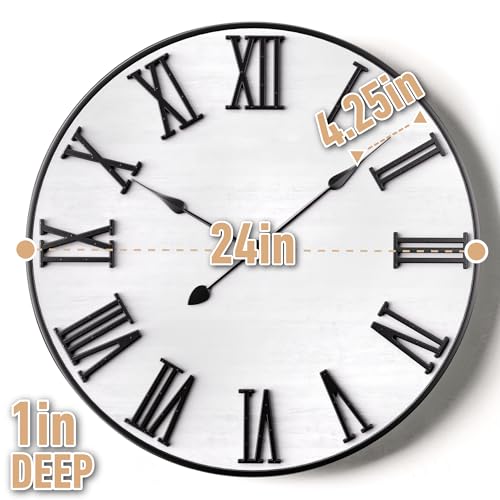 Large Wall Clock 24" Round - Silent Metal & Wood Large Farmhouse Wall Clock For Living Room Decor with 3D Roman Numerals - No Ticking - Noiseless Big Wood Decorative Clocks for Living Room Decor