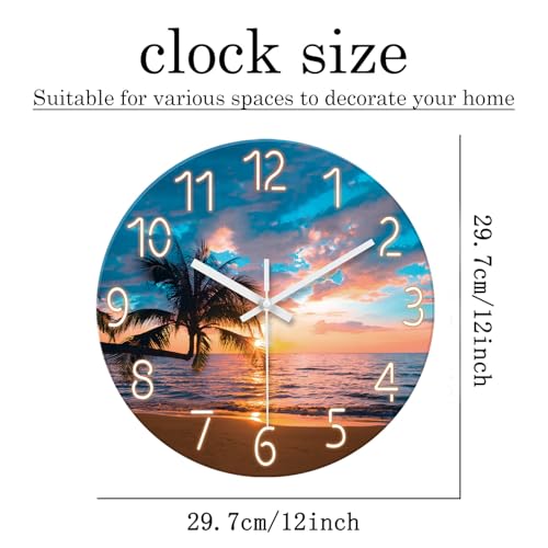 XFM Blue Nautical Beach Wall Clocks Battery Operated Palm Tree Wall Clocks for Living Room 12 Inch Round Glass Silent Wall Clock Non Ticking Sunset Clock