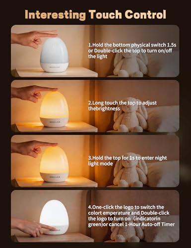 Night Lights for Kids Room, Egg Light for Nursery with Stable Charging Pad, Dimmable Baby Night Light with 1H Timer & Touch Control, ABS+PC LED Egg Night Light for Breastfeeding, Up to 200H