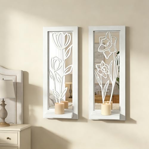 ZEXUIRU 2 Set Rustic Candle Sconces Living Room Bedroom Entryway Wood Mirrored, Farmhouse, Carved Frame Wall-Mount Wooden Candle Holders Wall Decor Hanging Handmade Holder - Distressed White