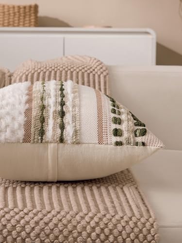 Boho Chenille Tufted Couch Throw Pillow Covers 18x18 Inch Set of 2 Farmhouse Striped Decorative Pillow Covers Accent Neutral Square Pillowcase Green Cushion Covers for Livingroom Sofa Bed