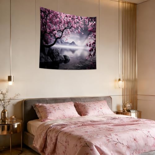 QGHOT Japanese Cherry Blossom Tapestry Wall Hanging Asian Anime Nature Mountain Wall Art Calming Lake Ocean Tapestries for Bedroom Living Room Decor 60x50in