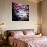 QGHOT Japanese Cherry Blossom Tapestry Wall Hanging Asian Anime Nature Mountain Wall Art Calming Lake Ocean Tapestries for Bedroom Living Room Decor 60x50in
