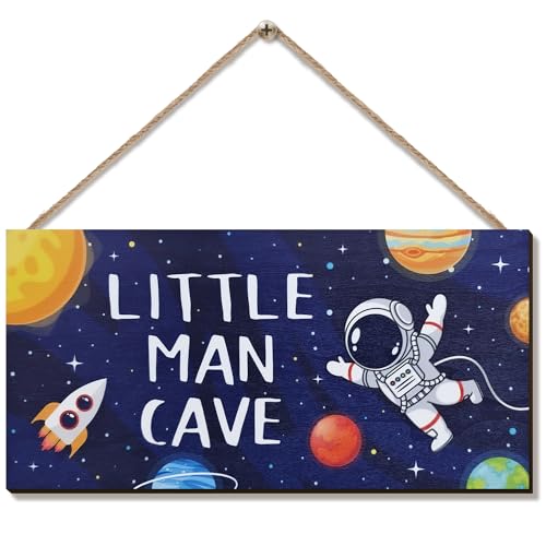 ZIEYOMI- Little Man Cave Sign Space Boys Room Decor, Astronaut Theme Bedroom Nursery Decor Hanging Wall Art, Wooden Plaque Outer Space Decorations for Toddler Boys Room Kids Playroom