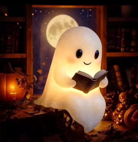 Ghost Night Light with Book, USB Powered LED Lamp, Warm White Glow, Resin, Cute Kawaii Figurine, Bedroom Nightlight
