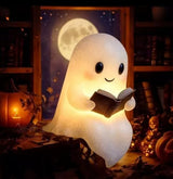Ghost Night Light with Book, USB Powered LED Lamp, Warm White Glow, Resin, Cute Kawaii Figurine, Bedroom Nightlight
