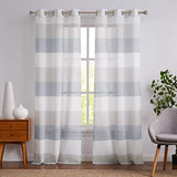 Central Park Gray and Smoke Blue Stripe Sheer Color Block Window Curtain Panel Linen Window Treatment for Bedroom Living Room Farmhouse 84 inches Long with Grommets, 2 Panel Rustic Drapes