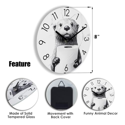 Crosstime Bathroom Wall Clock Modern Style Waterproof Glass Clock for Bathroom, Shower, Pool Decor - 8 Inch,Toilet Paper in Little Funny Otter's Hand Animal Theme