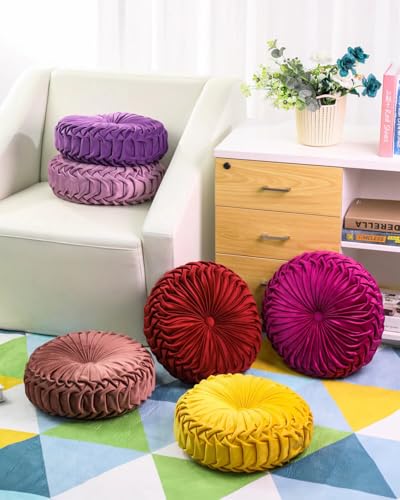 HLOVME Round Velvet Pillow for Couch Small Handmade Decorative Throw Pillow for Bed Bedroom 13.7” Dark Red