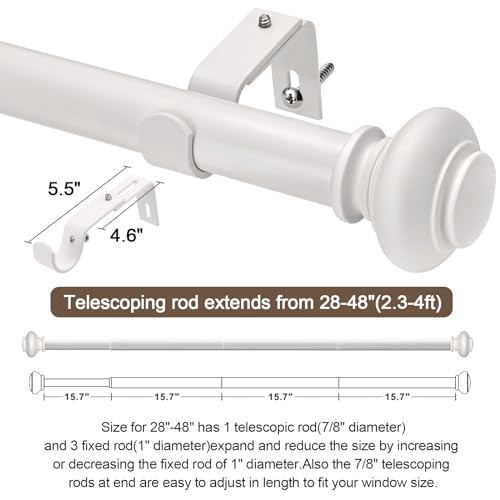 SIMEWIN White Curtain Rods for Windows 28 to 48 Inches Adjustable Decorative 1 Inch Diameter Single Window Curtain Rod Set with Classic Finials, White Finishing