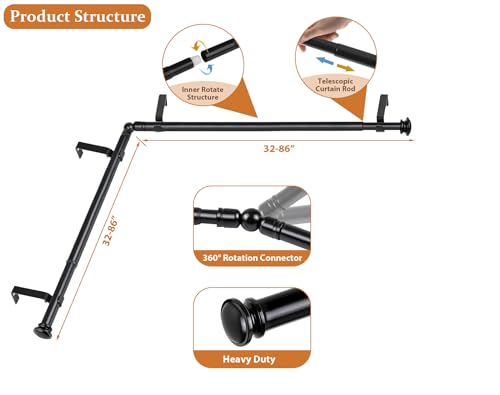 TONIAL Corner Curtain Rods, 32-86 Inch Center Rod for window, 3/4 Inch Side Rod for windows 20-82 Inch Decorative Drapery Rods with Small Cap Finial, Black