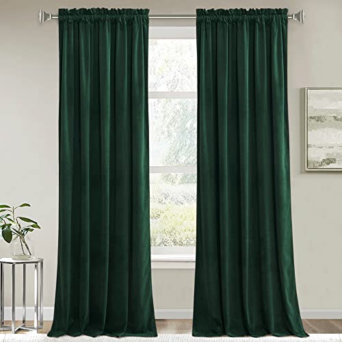 RYB HOME Green Velvet Blackout Curtains for Bedroom, Thermal Insulating Privacy Sunlight UV Heat Blocking Rod Pocket Soft Drapes for Living Room Dining Room, 52" W x 84" L, 2 Panels