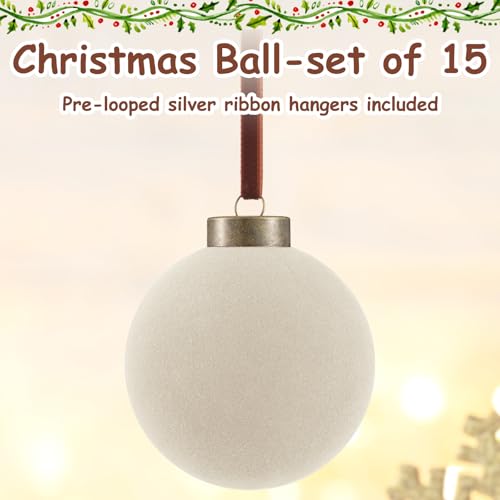 Liliful 15 Pcs Velvet Christmas Balls Bulk Flocked Christmas Tree Ball Ornaments Plastic Xmas Decorative Hanging Ornaments(Creamy White,3.15 Inch)