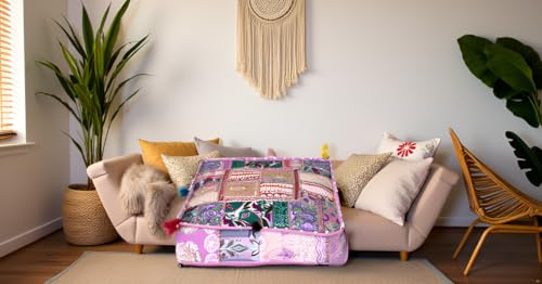 CRAFT KALA Indian Square Patchwork Traditional Pouf Cover Indian Living Room Poufs Decorative Embroidered Designer Ottoman Home Living Footstool Chair Cover Decor Pillow Cover 18x18x5 inches Baby Pink