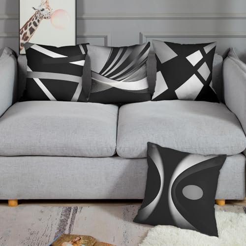 Emvency Set of 4 Black Throw Pillow Covers Modern Abstract Grey Stripes Gray White Acrylic Bold Decorative Pillow Cases Home Decor Square 18x18 Inches Pillowcases