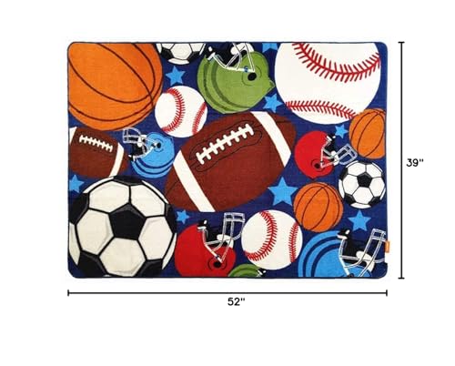 Blue Kids Rug Fun Sport Rugs Nylon Carpet Boys Girls Childrens Rug Balls Print with Soccer Ball, Basketball, Football, Tennis Ball Bedroom Playroom (100x130cm(39''x51''))