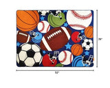 Blue Kids Rug Fun Sport Rugs Nylon Carpet Boys Girls Childrens Rug Balls Print with Soccer Ball, Basketball, Football, Tennis Ball Bedroom Playroom (100x130cm(39''x51''))