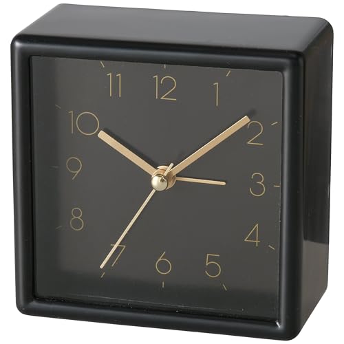 WHW Whole House Worlds Mid-Century Modern Alarm Clock | Quartz Movement, Black, Gold Accents, Square, 1 AA Battery (Not Included) 3.75"