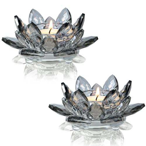 Lotus Black Crystal Candlestick 2-Piece Tealight Candle Set, Black Glass Votive Candle Holder for Tabletop Dining Table Center Decoration Ideal Candle Holder for Wedding Valentine's Day Decoration