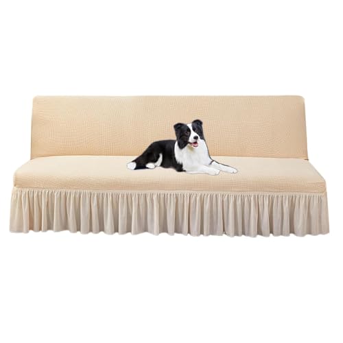 Futon Cover with Ruffled Skirt, Futon Couch Cover Without Arms, Futon Slipcover No Arms, Folding Sofa Bed Armless Covers Washable, for Living Room (Beige,Large)