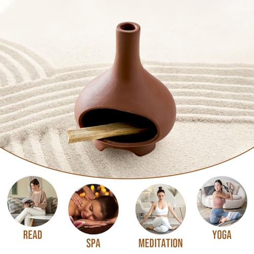 Palo Santo Holder Handmade Ceramics Incense Burner Chimney Dish Smudge Bowl for Palo Santo Sticks Sage Bundles with Brush(Brown)