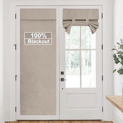 RYB HOME Linen Door Curtain 100% Blackout French Door Curtain for Glass Window, Fully Light Blocking Privacy Window Drapes Lightweight Tie up Shade, W 26 x L 69, Sand, 1 Panel
