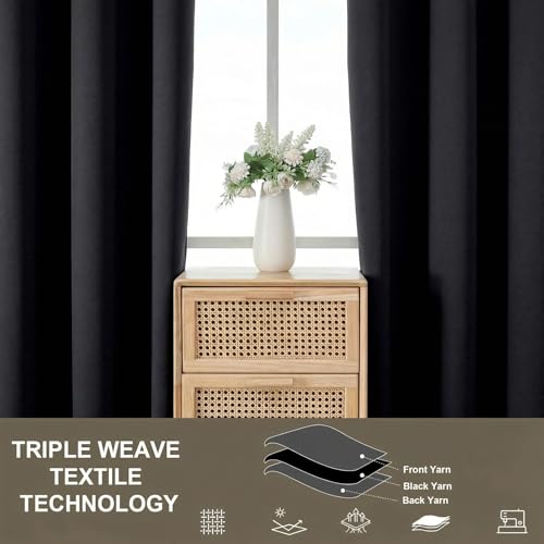 100% Blackout Curtains - Solid Thermal Insulated Thick Fabric Black Blackout Curtains for Bedroom, Grommet Soundproof Window Drapes, 2 Panels, 2x52Wx84L Inches