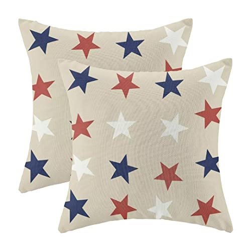 4th of July Throw Pillow Cover, 18x18 Inch Set of 2 Blue Red White Stars Patriotic Decorative Outdoor Cushion Cover Independence Memorial Day Pillow Cases Linen Farmhouse for Sofa Couch Bed