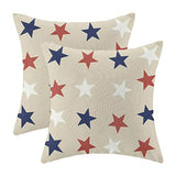 4th of July Throw Pillow Cover, 18x18 Inch Set of 2 Blue Red White Stars Patriotic Decorative Outdoor Cushion Cover Independence Memorial Day Pillow Cases Linen Farmhouse for Sofa Couch Bed