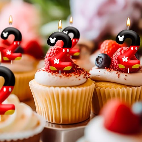 Red Black Digital Birthday Candle Number 2 Red Cartoon Mouse Themed Cake Topper Candle Party Decoration Supplies Birthday Party Cake Decoration (Number 2)