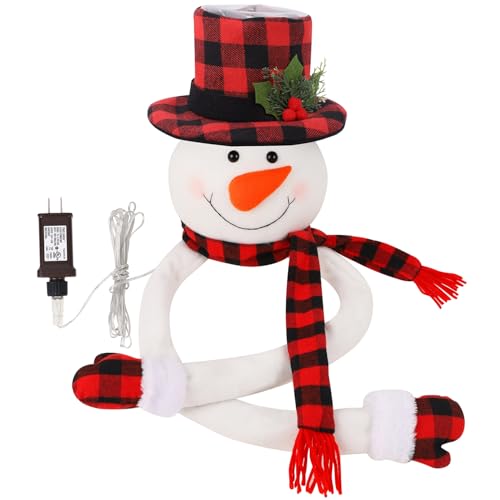 Juegoal Christmas Snowman Tree Topper with Built-in Snowflakes LED Projector, Plush Top Hat Snowmen Treetop Hugger with Rotating Magic Snow, Xmas Tree Ornament Holiday Winter Home Party Decorations