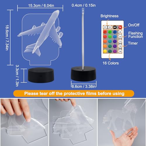 FULLOSUN Aircraft Airplane 3D Night Light Bedside Lamp 16 Colors Changing with Remote Control Xmas Halloween Birthday Gift for Boy