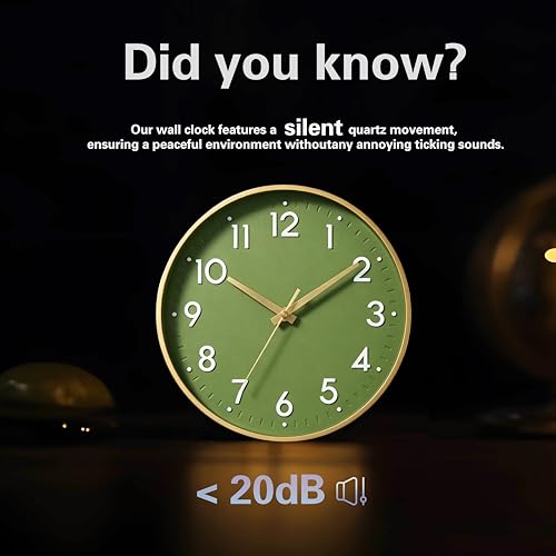 Mosewa Wall Clock 8 Inch, Battery Operated Silent Non-Ticking Modern Analog Clock Decorative for Kitchen, Bedroom, Office(Olive Green and Gold)