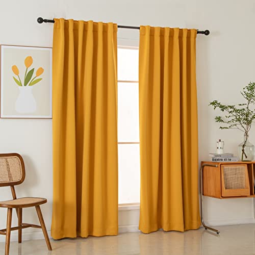 Pickluc Blackout Curtains 84 Inches Long 2 Panels, Black Out Drapes for Bedroom or Living Room, Back Tab and Rod Pocket Top, Set of Two, Mustard Yellow, 52" Wide and 84" Length.