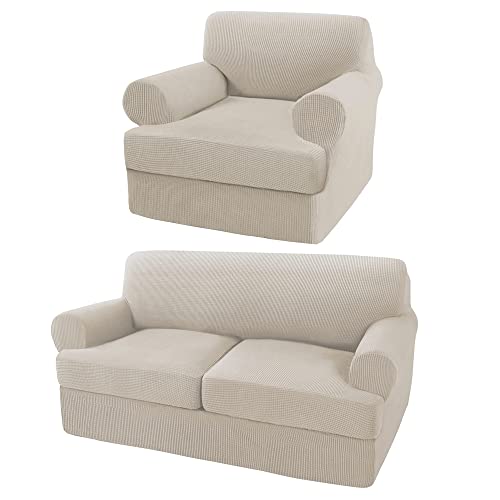 Turquoize 3 Pieces Sofa Covers for 2 Individual T Cushion Couch Sofa Slipcover Bundle 2 Pieces Chair Slipcover, Island Fossi