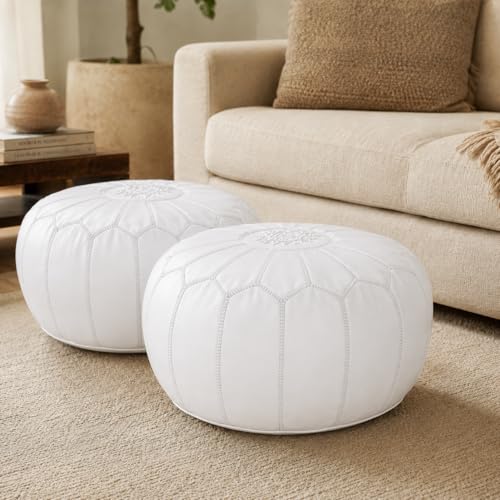 Handmade Moroccan Embroidered Leather Pouf | Delivered Unstuffed | Ottoman, Footstool, Footrest, Hassock, Floor Cushion | Matching Thread (White)