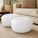 Handmade Moroccan Embroidered Leather Pouf | Delivered Unstuffed | Ottoman, Footstool, Footrest, Hassock, Floor Cushion | Matching Thread (White)