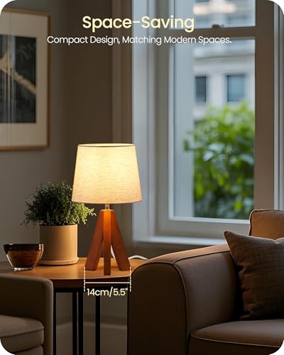 Small Bedside Lamp, 14.6" Small Table Lamp with Beige Linen Shade & Brown Wood Base, Mid Century Modern Lamp for Hoom Decor, Tripod Table Lamp for Bedroom, Living Room, E26 Socket, LE51TL05