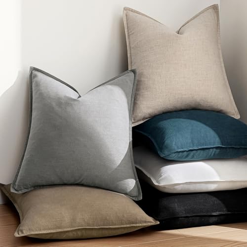 EMEMA Decorative Linen Throw Pillow Covers 22x22 Inch Natural Beige Boho Farmhouse Neutral Couch Throw Pillows for Bed Pack of 2 Accent Pillowcase Modern Sofa Cushion Livingroom Home