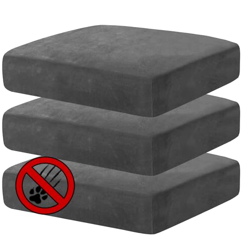MAXIJIN Velvet Stretch Cushion Covers Fitted Couch Cushion Slipcovers Sofa Seat Cushion Covers for Individual Cushions with Elastic Bottom (3 Piece Sofa Seat Slipcovers, Gray)