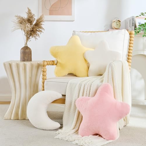 CANGHI Yellow Star Pillow 15.7" Faux Rabbit Fur Throw | Super soft plush decorative cushion, celestial shaped decor for couch, bed and living room. Cozy.