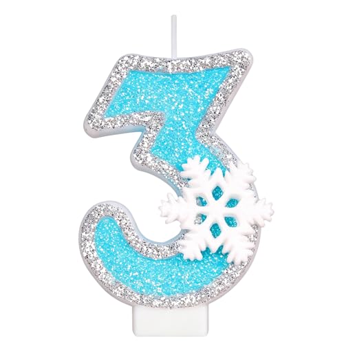 Birthday Number Candles for Cake, Blue Frozen Number 3 Candle, 3rd Frozen Cake Topper, Fun Glitter Birthday Candles Cupcake Topper for Party Anniversary Decorations