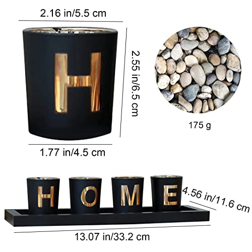 Home Decorative Candle Holder Set, 4 Glass Tea Light Candleholders with Wooden Candle Holders Tray, Natural Pebbles for Home Decor Table Decorations Centerpiece
