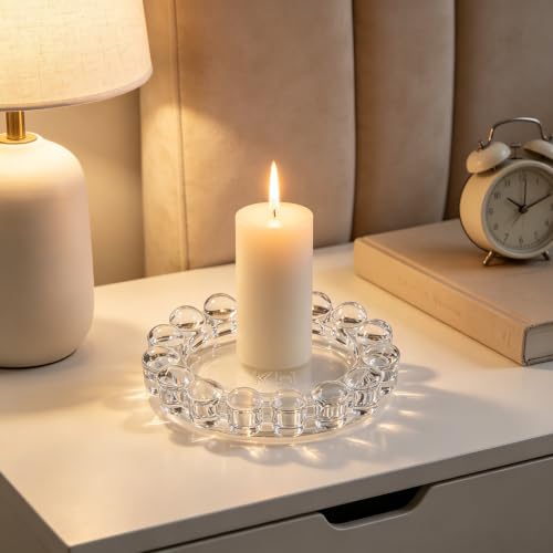 khtumeware Large Chic Clear Bubble Glass Candle Dish – Modern Clear Glass Candle Holder for Tealights & Diffusers, Decorative Tray for Home & Tabletop Decor（1 Pack）