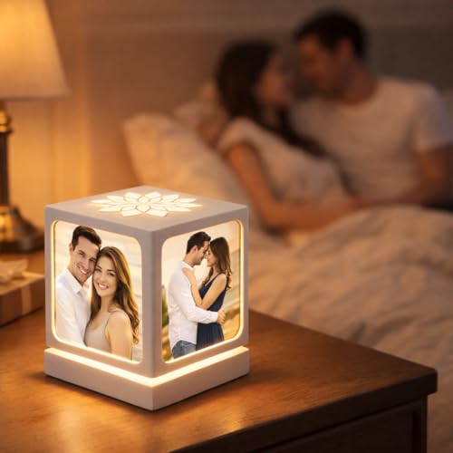 ZOCI VOCI Custom Rotating Picture Frame with Night Light, White | Personalized Table Lamp, 4 Photos, Anniversary Couples Gifts, Romantic Gifts