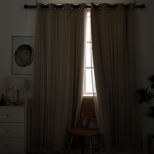 INLINAS Beige Blackout Curtains with Sheer Overlay - Grommet Top Thermal and Noise Reduction Panels for Bedroom and Living Room Light Blocking and Energy Saving, 52 x 84 Inches, Set of 2