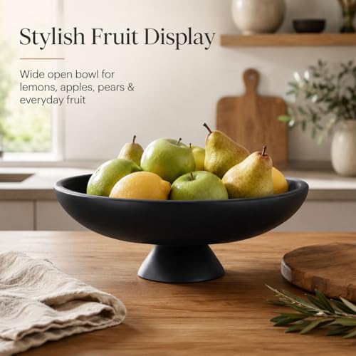 QIANLING Large Black Decorative Bowl, Modern Resin Pedestal Fruit Bowl, Matte Footed Centerpiece for Kitchen Counter, Coffee Table, Entryway Key Catch All, Home Decor