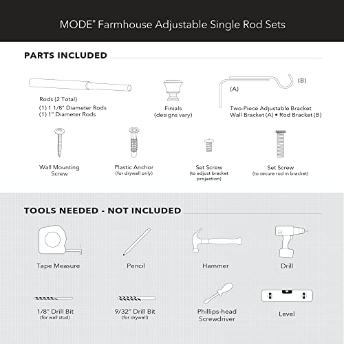 MODE Farmhouse Collection 1 1/8" Diameter Curtain Rod Set with Porch Doorknob Curtain Rod Finials and Steel Wall Mounted Adjustable Curtain Rod, Fits 36” to 72” Windows, Weathered Oak